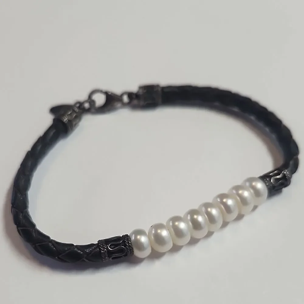 IWI Jewelers Cultured Pearl / Sterling Silver Braided Leather Band Bracelet 6.5